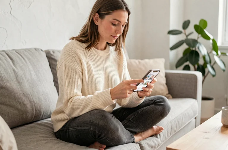 Femme faisant du shopping en ligne sur smartphone dans un salon scandinave moderne