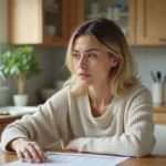 Femme réfléchissant à un graphique de beta HCG dans une cuisine lumineuse