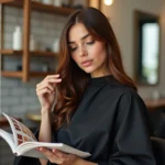 Femme aux teintes chaudes examinant des nuanciers de couleur de cheveux dans un salon de coiffure moderne