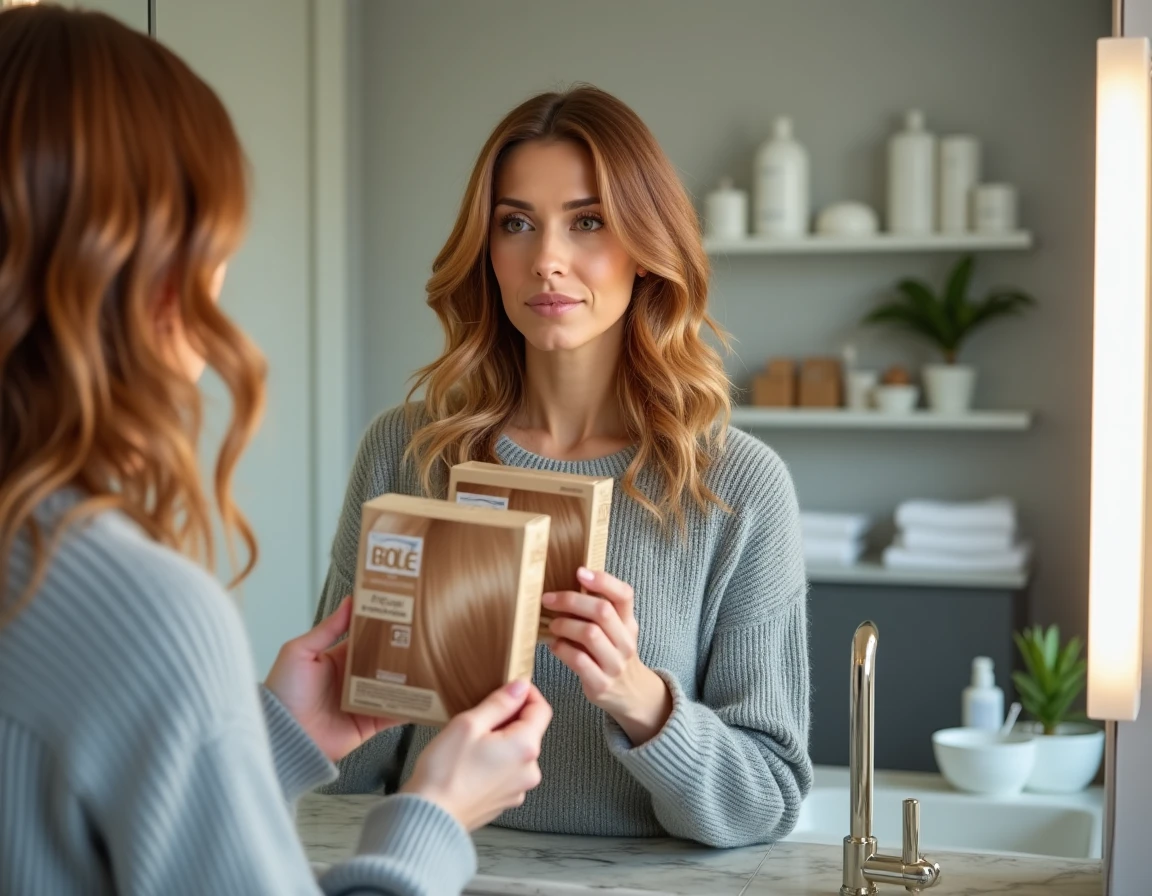 Femme au teint clair comparant deux teintes de coloration capillaire devant un miroir de salle de bain