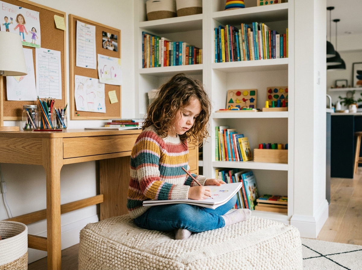 Jeune fille dessinant dans un coin étude lumineux