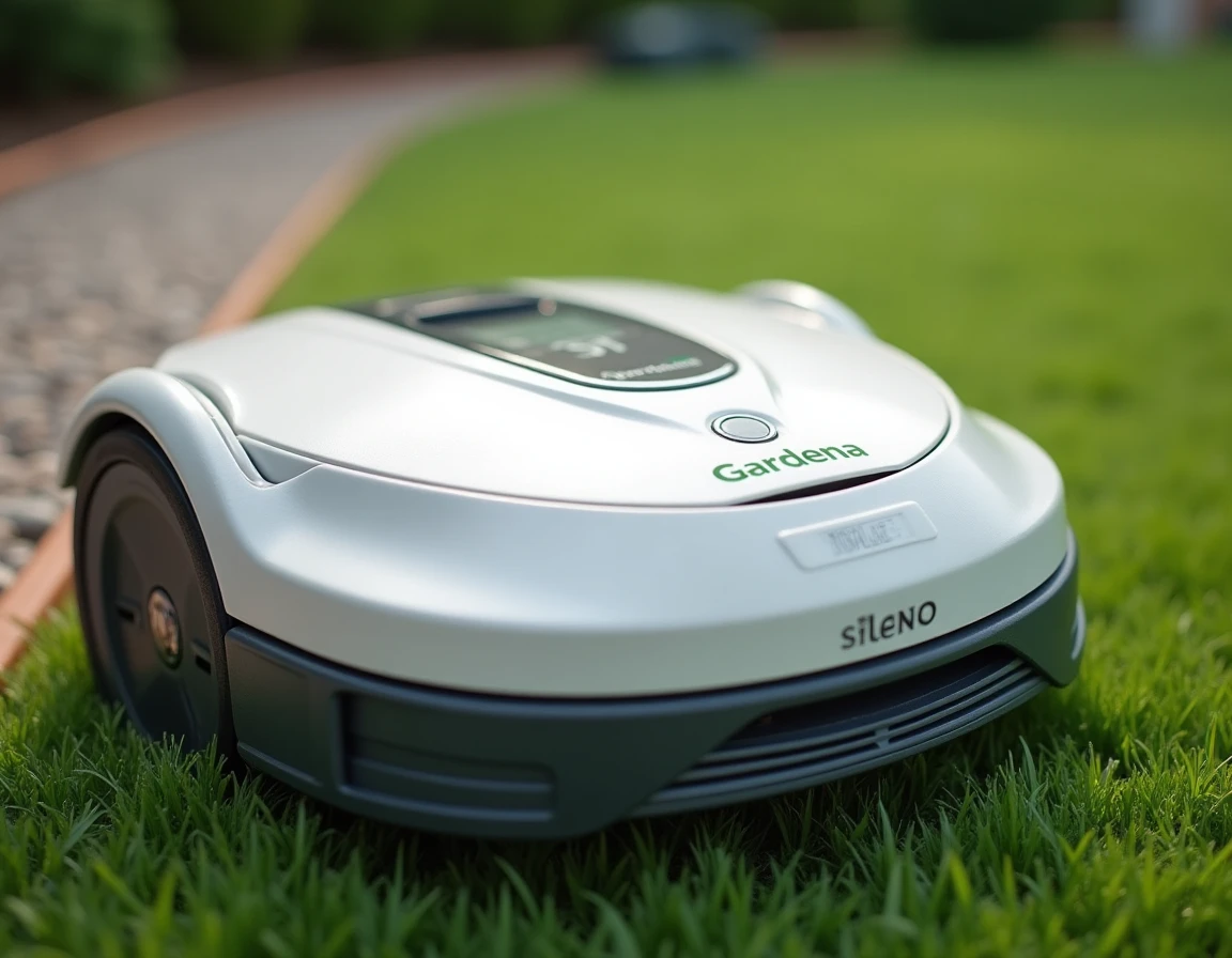 Gros plan sur le panneau de commande et la station de charge du robot tondeuse Gardena Sileno
