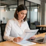 Femme professionnelle consultant un relevé d'heures en centièmes sur son bureau de travail moderne