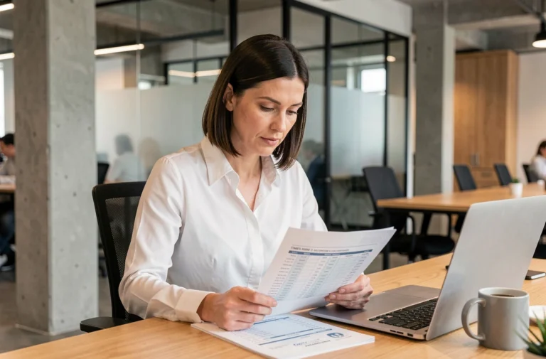 Femme professionnelle consultant un relevé d'heures en centièmes sur son bureau de travail moderne
