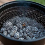 Grille de fond installée dans un barbecue à charbon avec cendres visibles en dessous, vue de dessus en gros plan