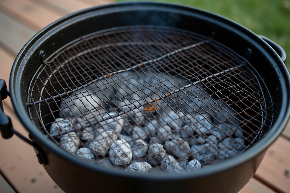 Grille de fond installée dans un barbecue à charbon avec cendres visibles en dessous, vue de dessus en gros plan