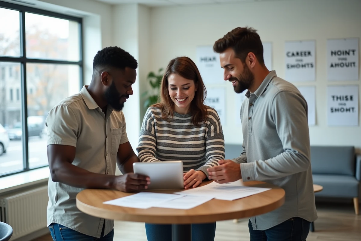Groupe diversifié de professionnels collaborant autour d'offres d'emploi dans un centre de carrière moderne