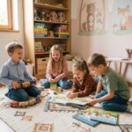 Groupe d'enfants jouant dans une salle colorée et chaleureuse