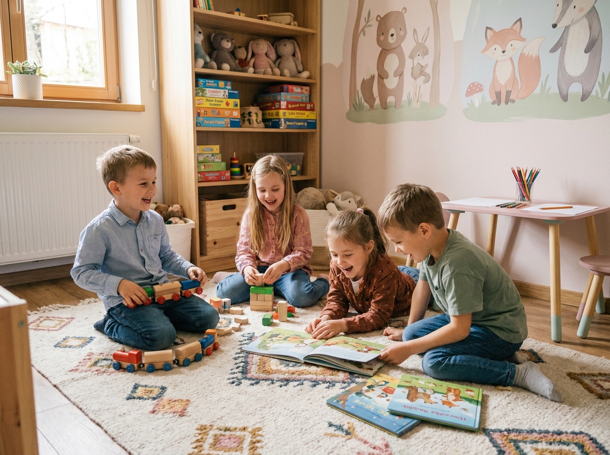 Groupe d'enfants jouant dans une salle colorée et chaleureuse
