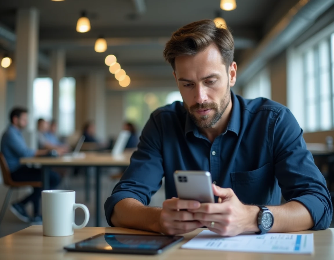 Homme consultant une application de gestion financière sur smartphone dans un espace de coworking moderne