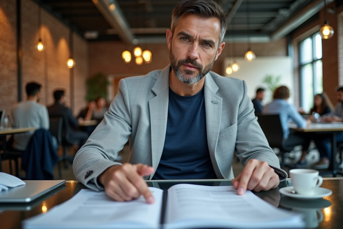 Homme d'affaires analysant une checklist de conformité légale pour site web en espace de coworking