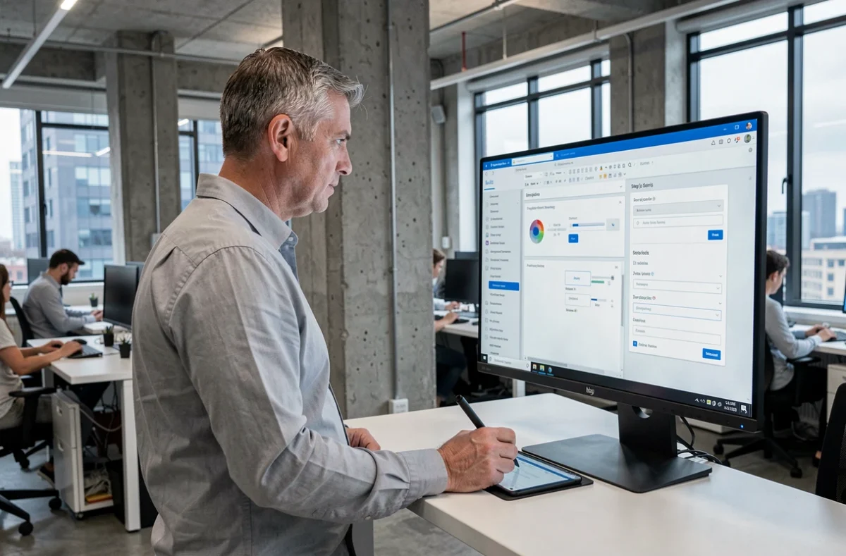 Homme configurant une interface d'orchestration web dans un bureau moderne en open space