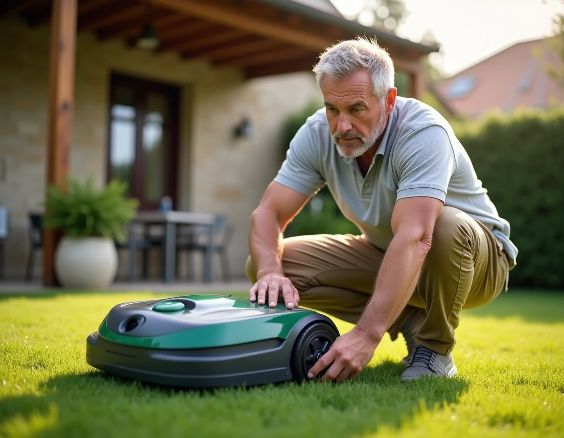 Homme inspectant le mécanisme de coupe sous le robot tondeuse Gardena Sileno dans un jardin