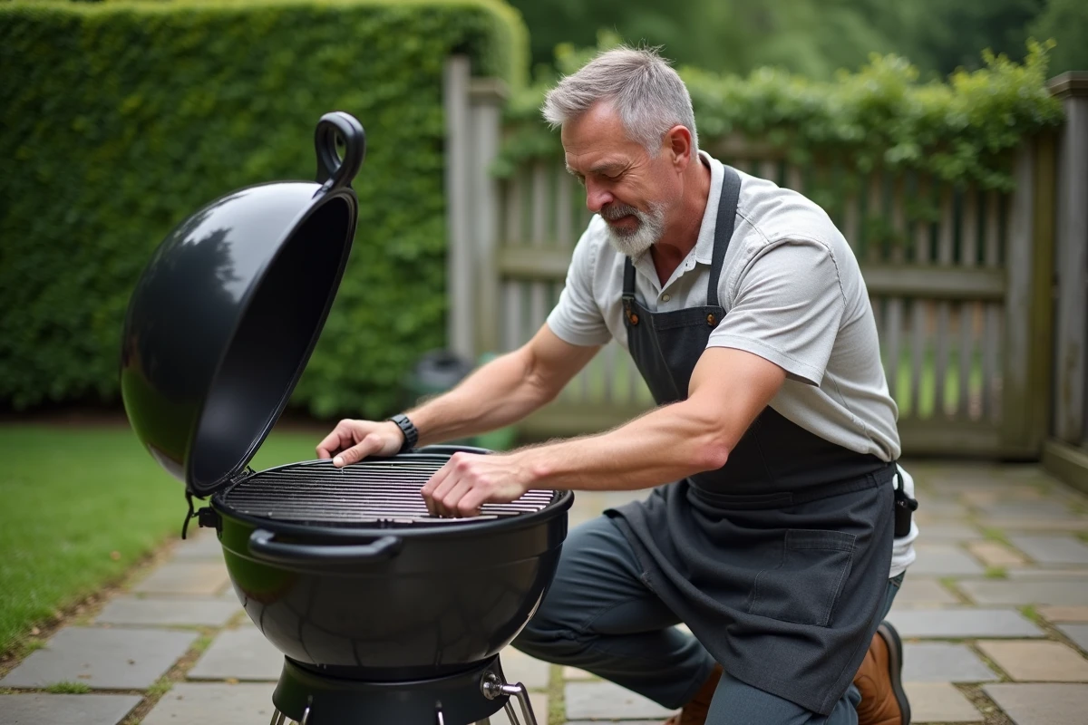 Homme installant une grille de fond dans un barbecue à charbon dans un jardin, vue en trois quarts