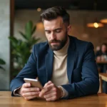 Homme élégant avec blazer et turtleneck dans un café moderne