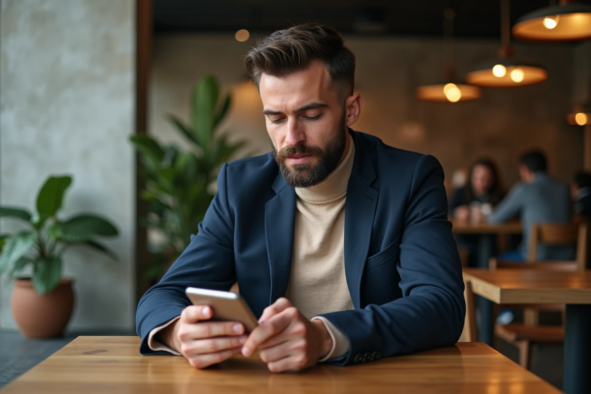 Homme élégant avec blazer et turtleneck dans un café moderne