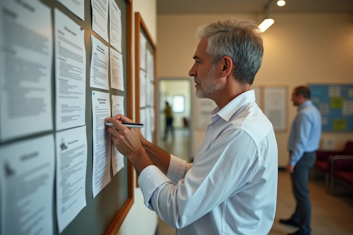 Homme d'âge mûr consultant un tableau d'offres d'emploi dans une agence pour l'emploi accessible au public