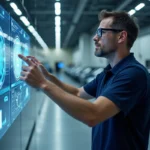 Ingénieur automobile interagissant avec une interface holographique dans un laboratoire de recherche technologique moderne