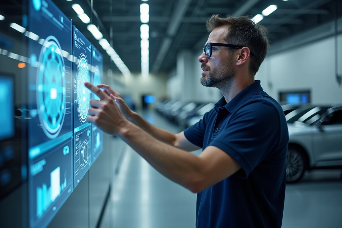 Ingénieur automobile interagissant avec une interface holographique dans un laboratoire de recherche technologique moderne