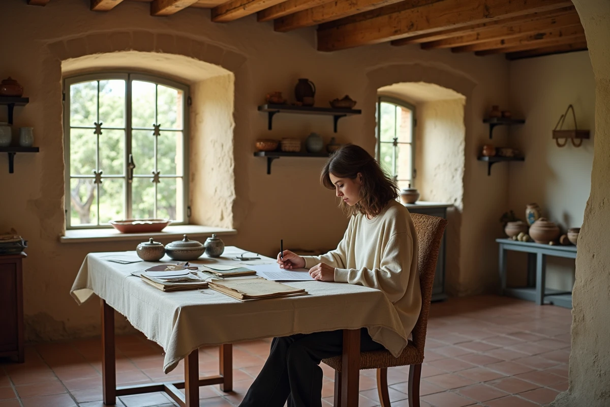 Intérieur authentique d'un mas provençal avec murs en pierre, sol en tomettes et mobilier rustique, ambiance de la série Demain nous appartient