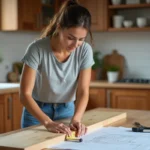 Jeune femme mesurant un bois dans la cuisine avec outils