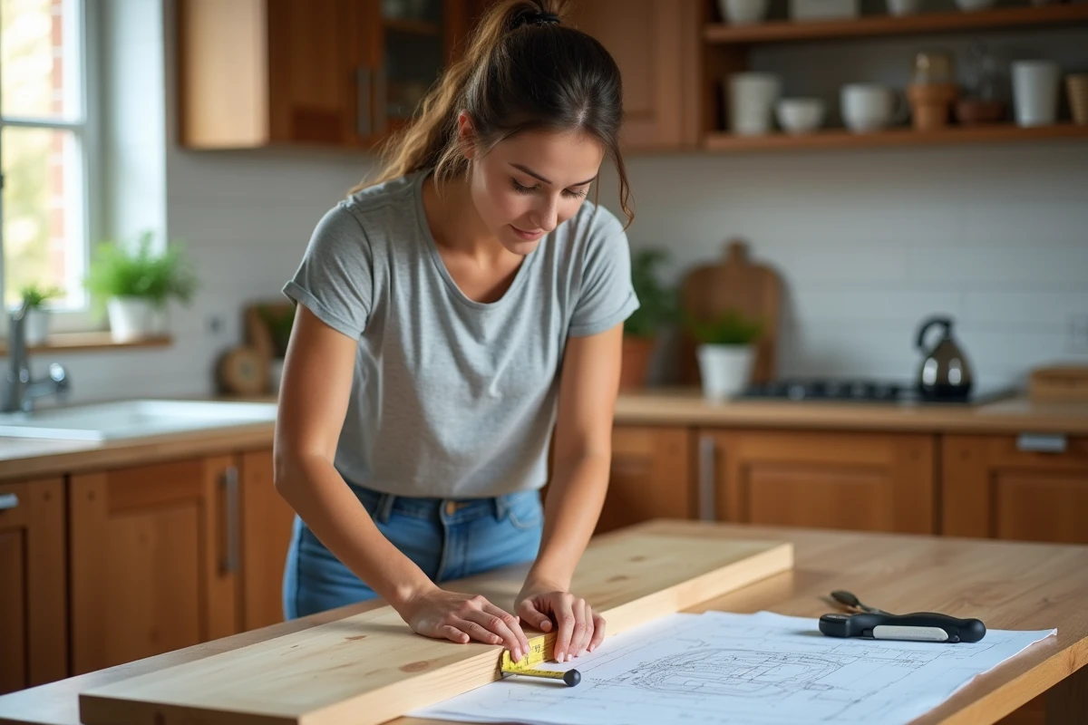 Jeune femme mesurant un bois dans la cuisine avec outils