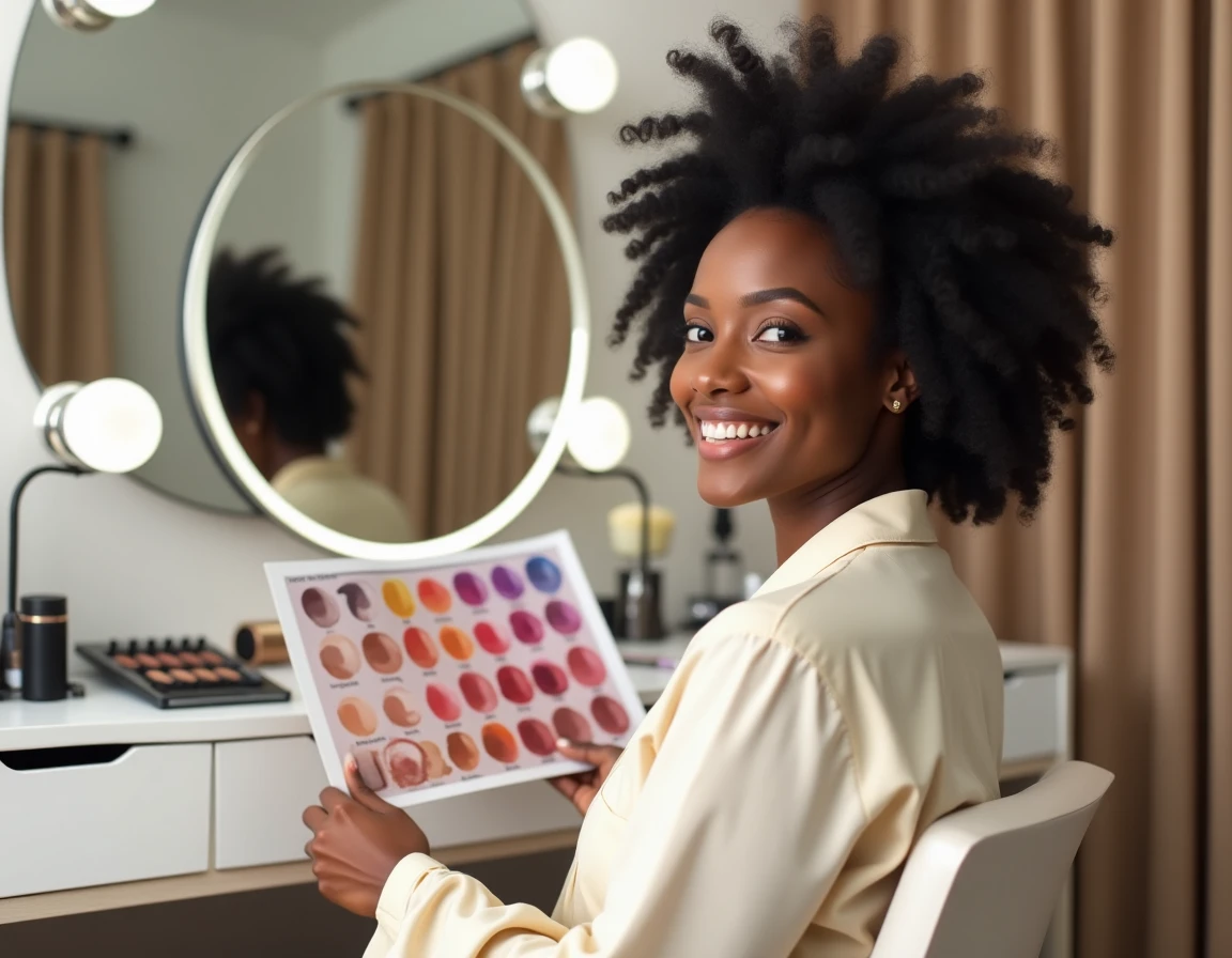 Jeune femme à la peau foncée tenant un nuancier colorimétrique pour choisir la couleur de cheveux adaptée à son teint