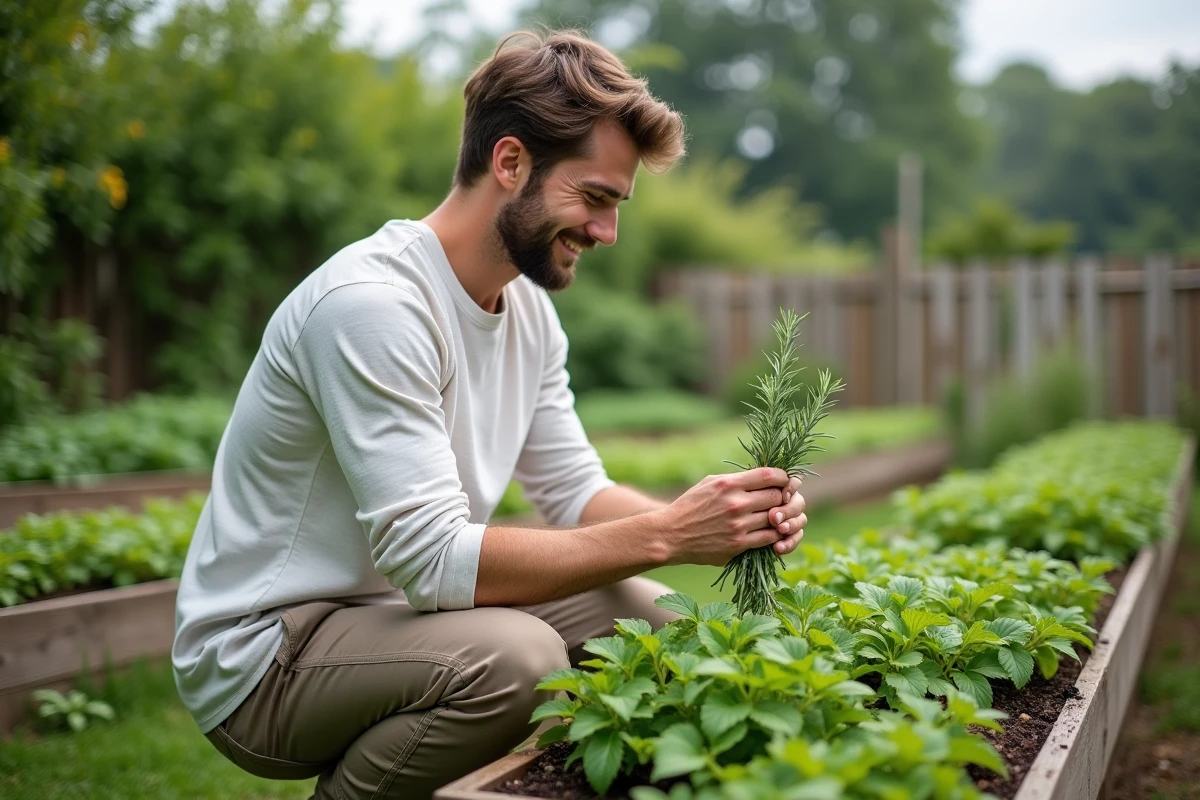 Jeune homme récoltant des herbes médicinales dans un jardin