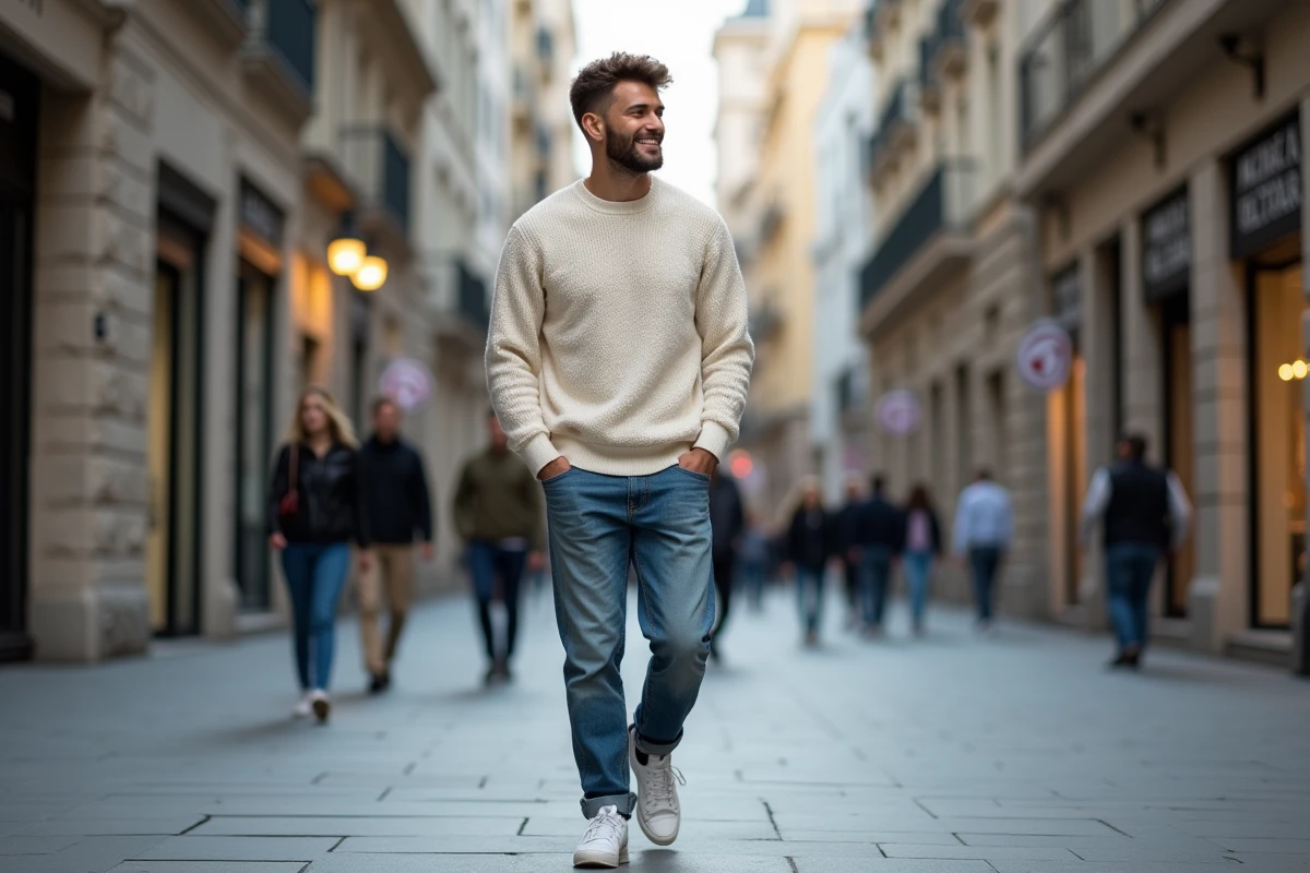 Jeune homme décontracté marchant dans une rue urbaine