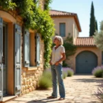 Façade d'un mas provençal en pierre ocre avec volets bleus et végétation méditerranéenne, décor typique du tournage de Demain nous appartient