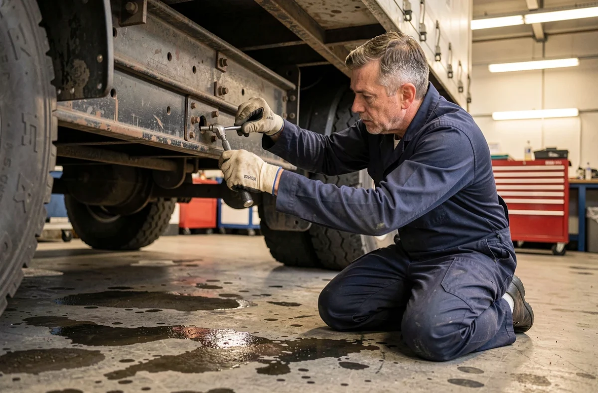 Mécanicien inspectant et installant une barre de protection anti-écrasement sous un camion dans un atelier automobile