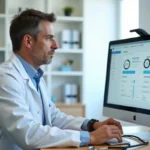 Médecin professionnel consultant les services de l'espace Geek Medical sur un ordinateur de bureau dans un cabinet moderne