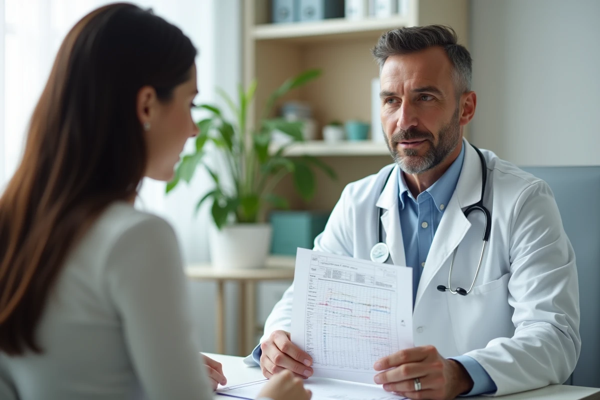 Medecin expliquant un graphique de HCG à une femme enceinte dans son bureau