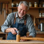 Artisan gravant ses initiales sur un marteau en bois personnalisé dans un atelier de bricolage