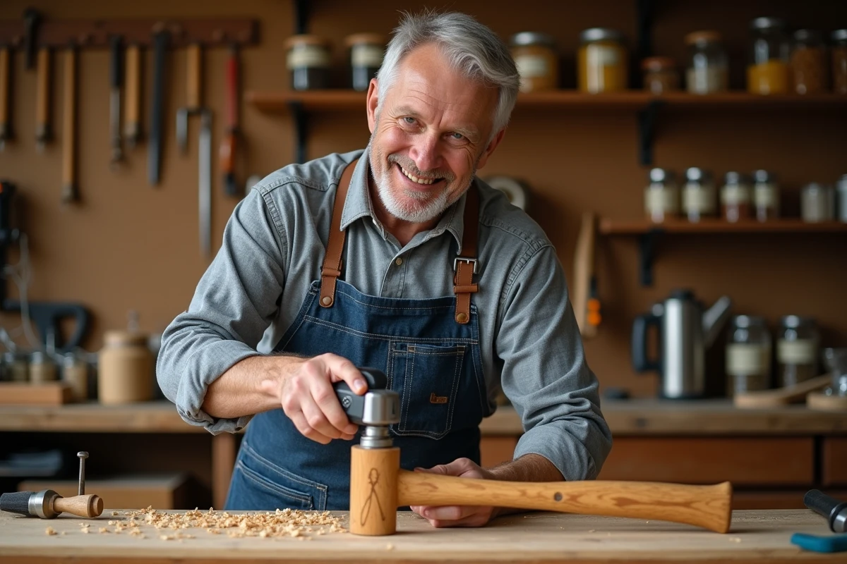 Artisan gravant ses initiales sur un marteau en bois personnalisé dans un atelier de bricolage