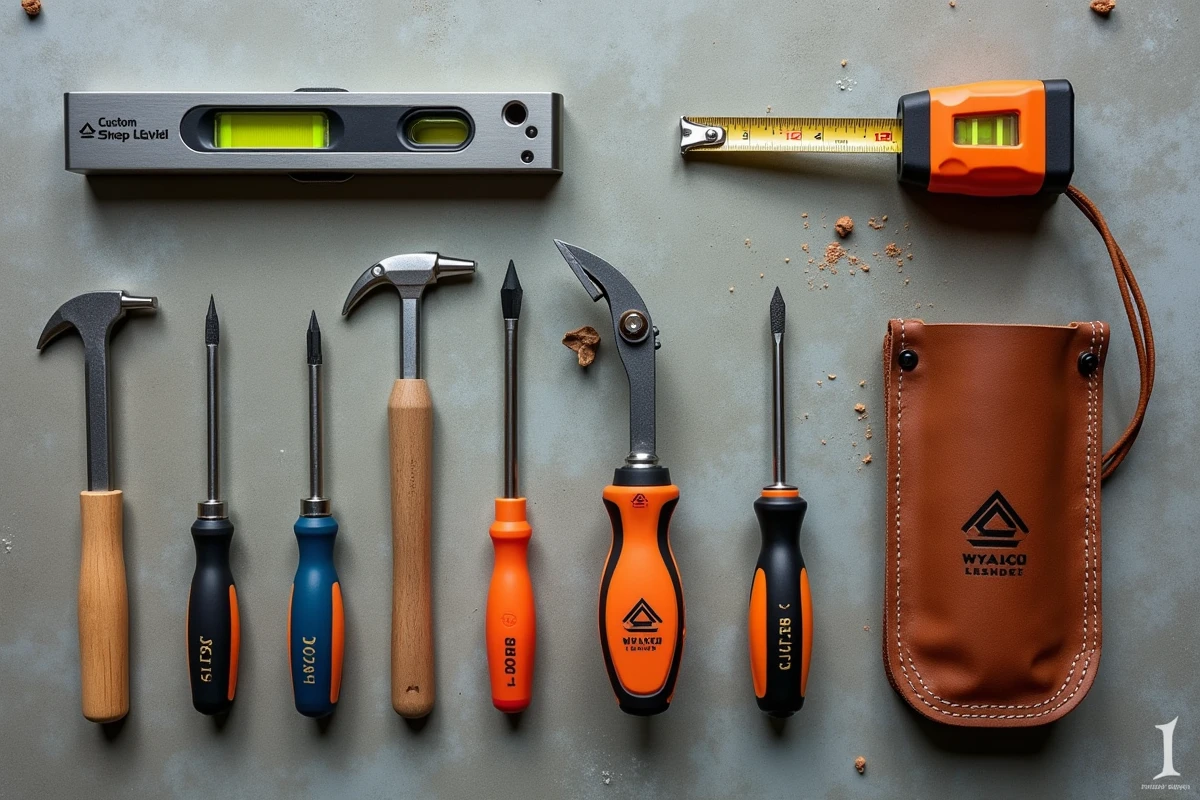 Vue de dessus d'une sélection d'outils de bricolage personnalisés sur béton brut avec détails gravés et marquages monogramme