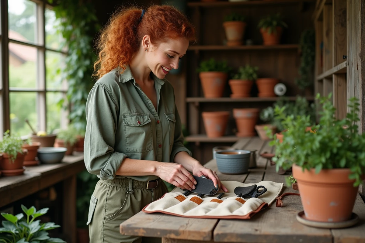 Femme rangeant des outils de jardinage personnalisés dans un rouleau en toile monogrammé sur un établi de jardin