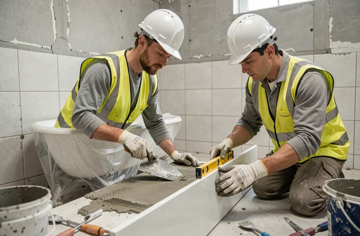 Ouvriers posant du carrelage lors d'une rénovation complète de salle de bain