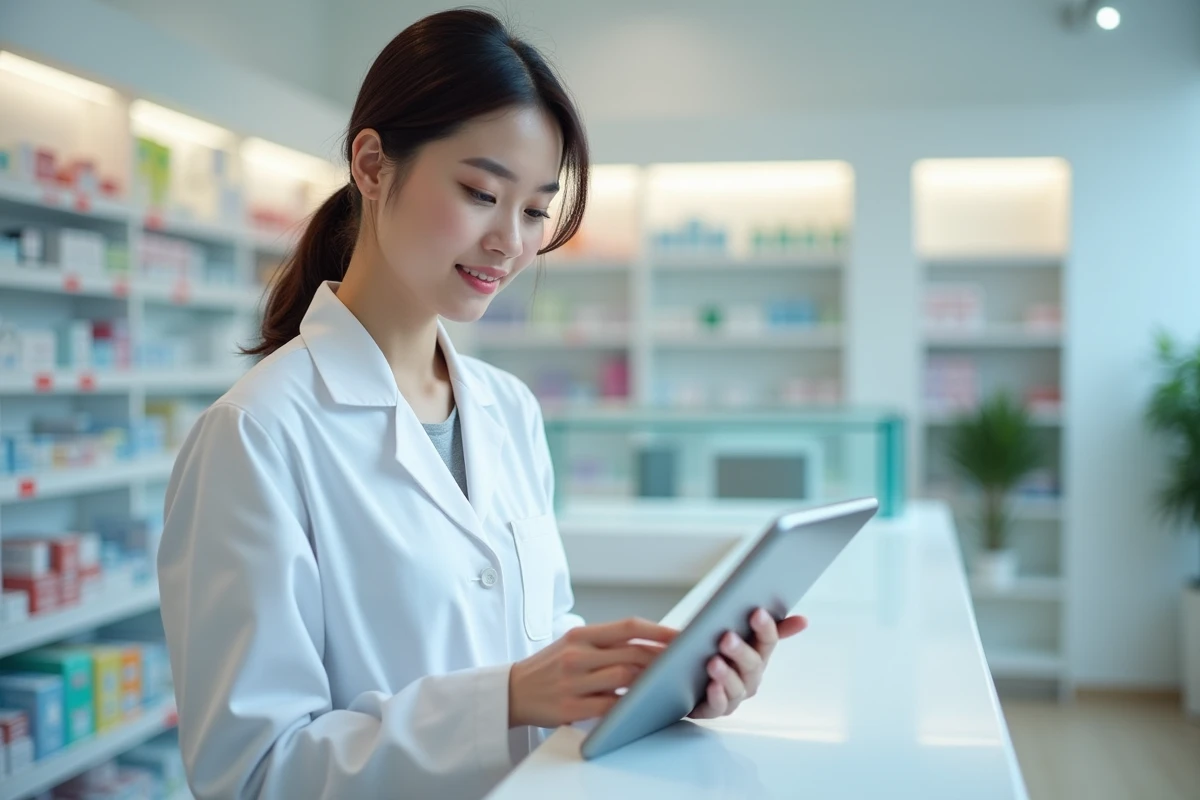 Pharmacienne utilisant une tablette pour accéder aux services professionnels de santé sur une plateforme dédiée