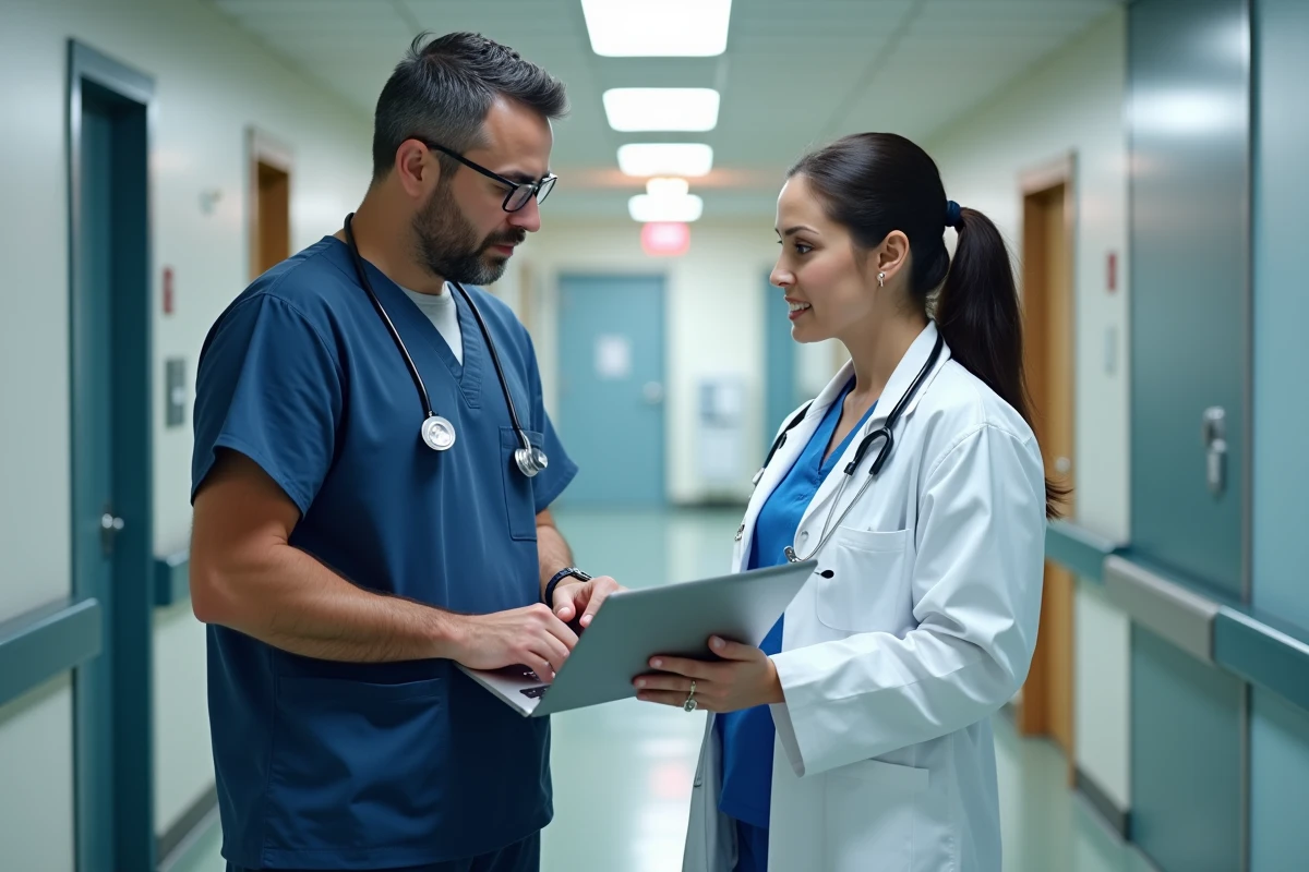 Infirmier et médecin consultant ensemble un portail de services professionnels de santé dans un couloir d'hôpital