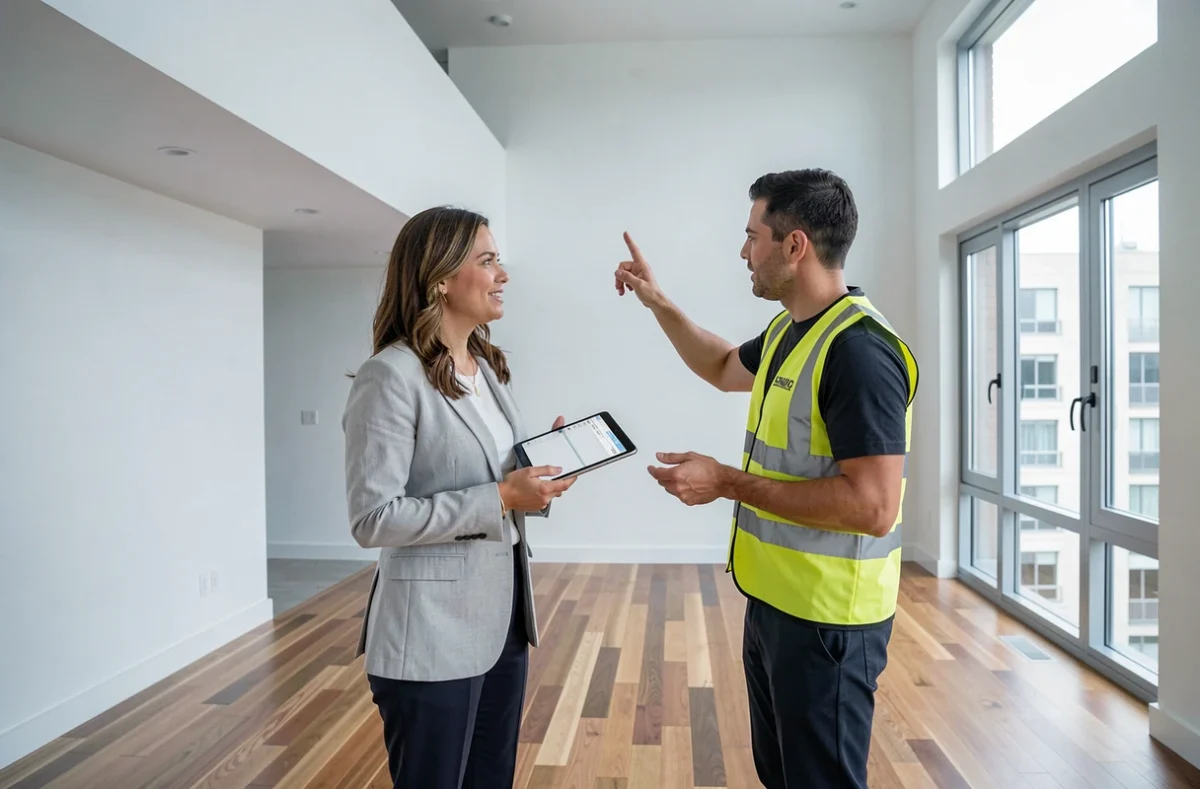 Propriétaire et entrepreneur discutant du budget de rénovation dans un appartement rénové moderne