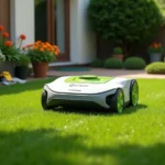 Robot tondeuse Gardena Sileno en train de tondre une pelouse de jardin résidentiel en été
