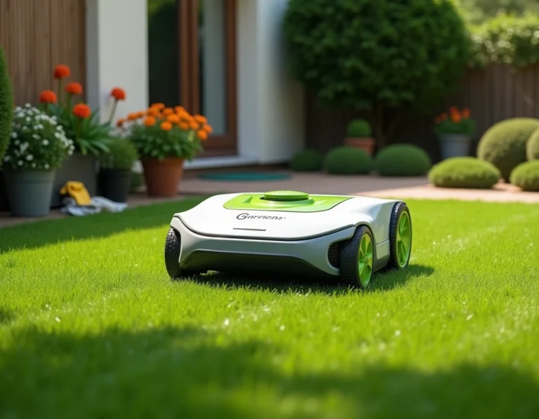 Robot tondeuse Gardena Sileno en train de tondre une pelouse de jardin résidentiel en été