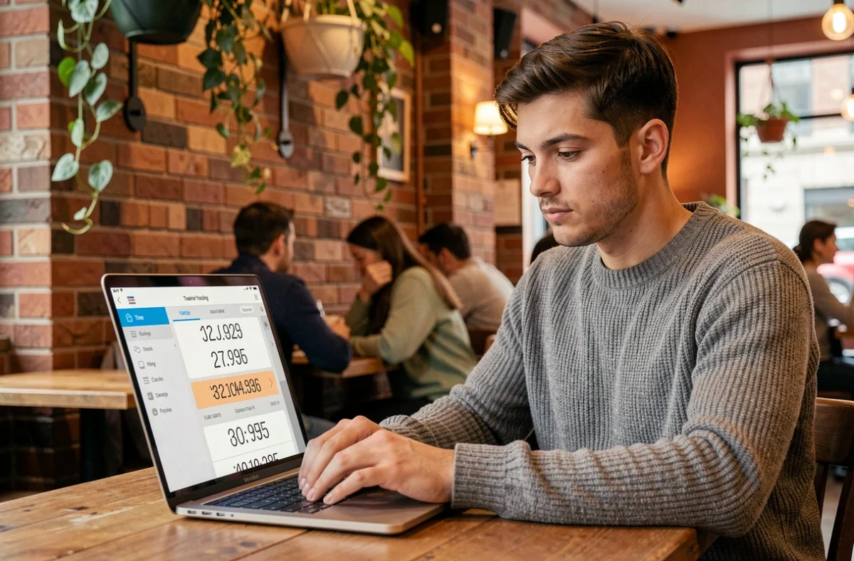 Freelance utilisant une application de suivi du temps en heures centièmes depuis un café en télétravail