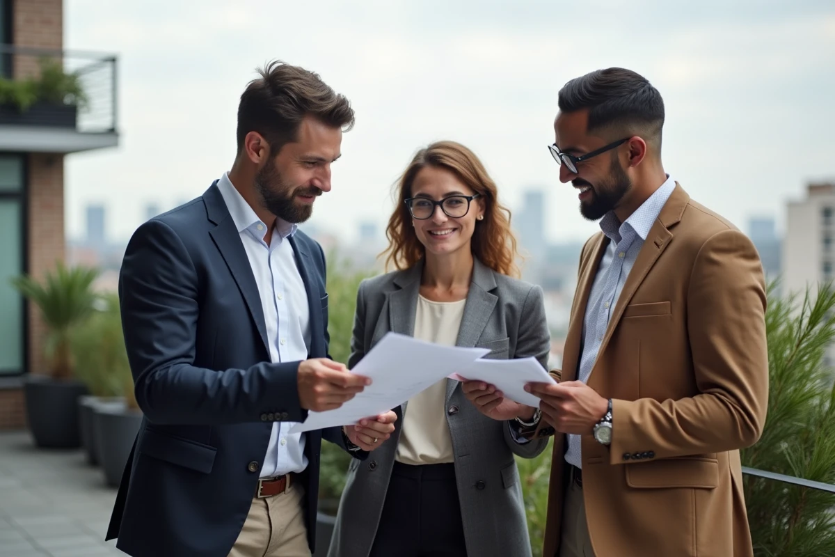 Groupe de professionnels en réunion en extérieur