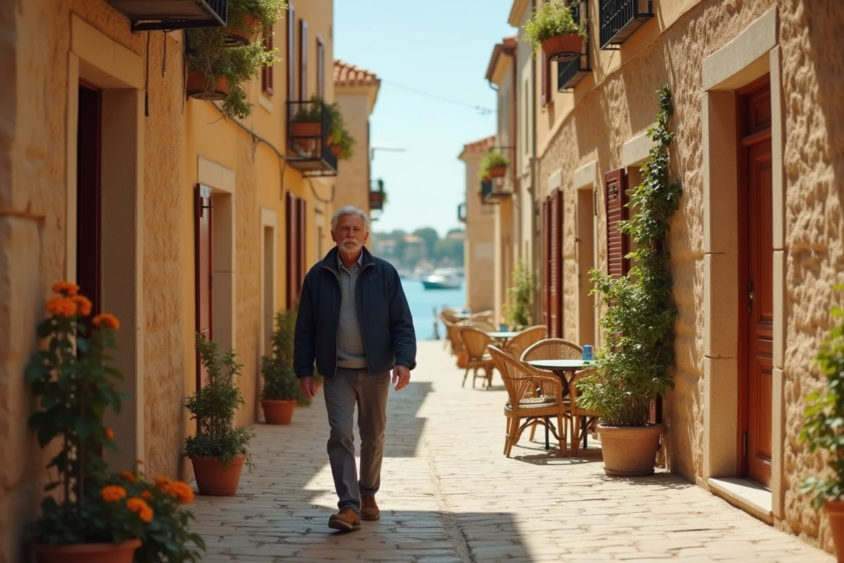 Rue pittoresque en pierre d'un village du sud de la France près de Sète, décor de tournage de la série Demain nous appartient sur TF1