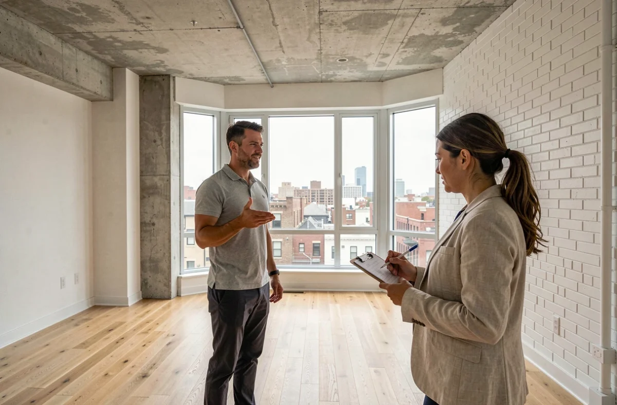 Agent immobilier faisant visiter un appartement moderne à une cliente lors d'un projet d'acquisition