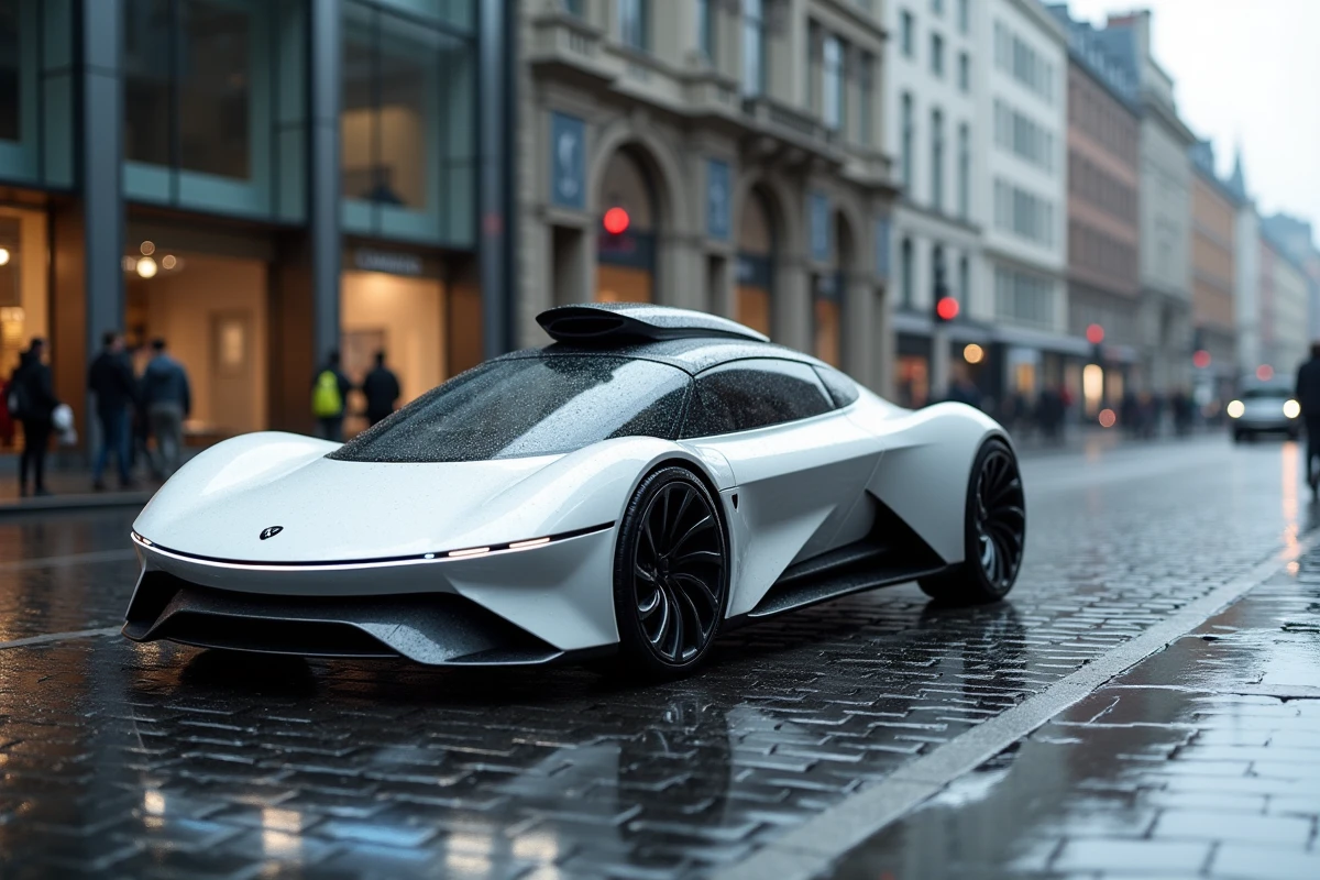 Voiture électrique autonome futuriste garée dans une rue urbaine européenne sous la pluie, reflétant les innovations technologiques de l'automobile