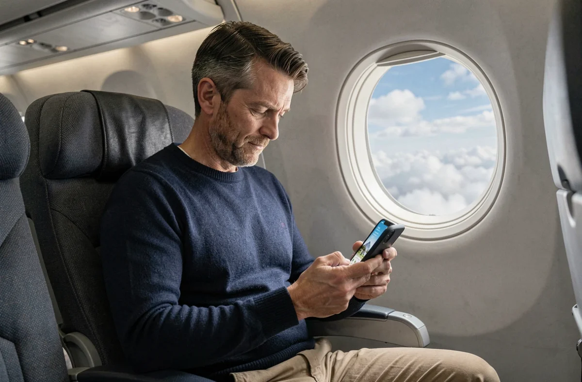Voyageur consultant une application de transport sur smartphone depuis son siège en avion pendant un vol